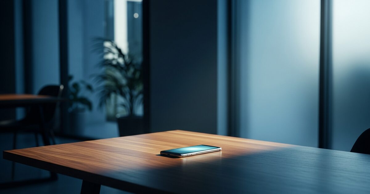 Modern remote freelancer workspace with softly glowing smartphone on warm walnut desk in morning light