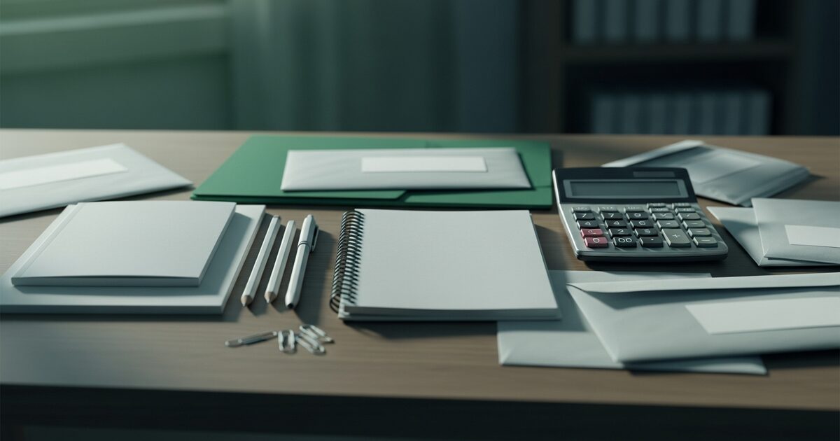 Education savings tax planning desk with calculator and blank supplies