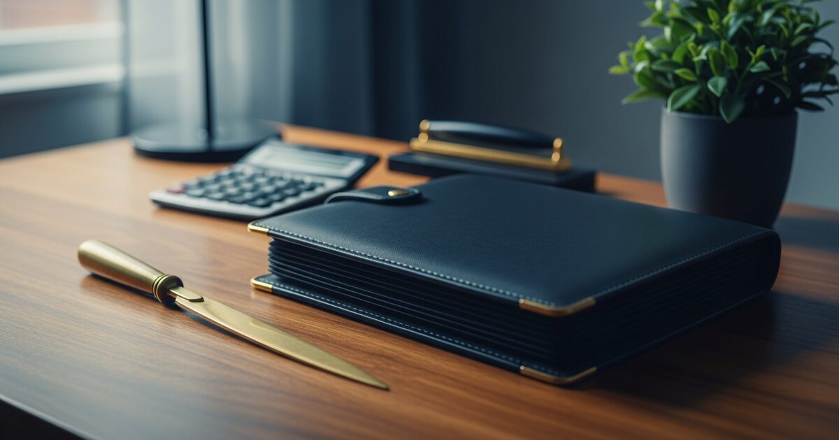 Leather accordion file and brass letter opener on walnut desk representing TFSA tax document compliance