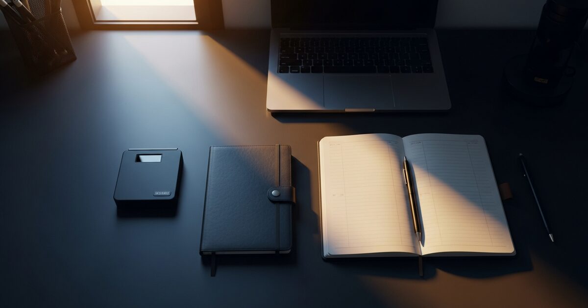 Hardware crypto wallet and notebook on a modern desk in warm side light for tax planning