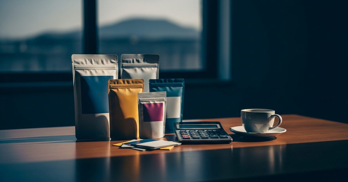 Translation service planning desk with packaging samples and calculator