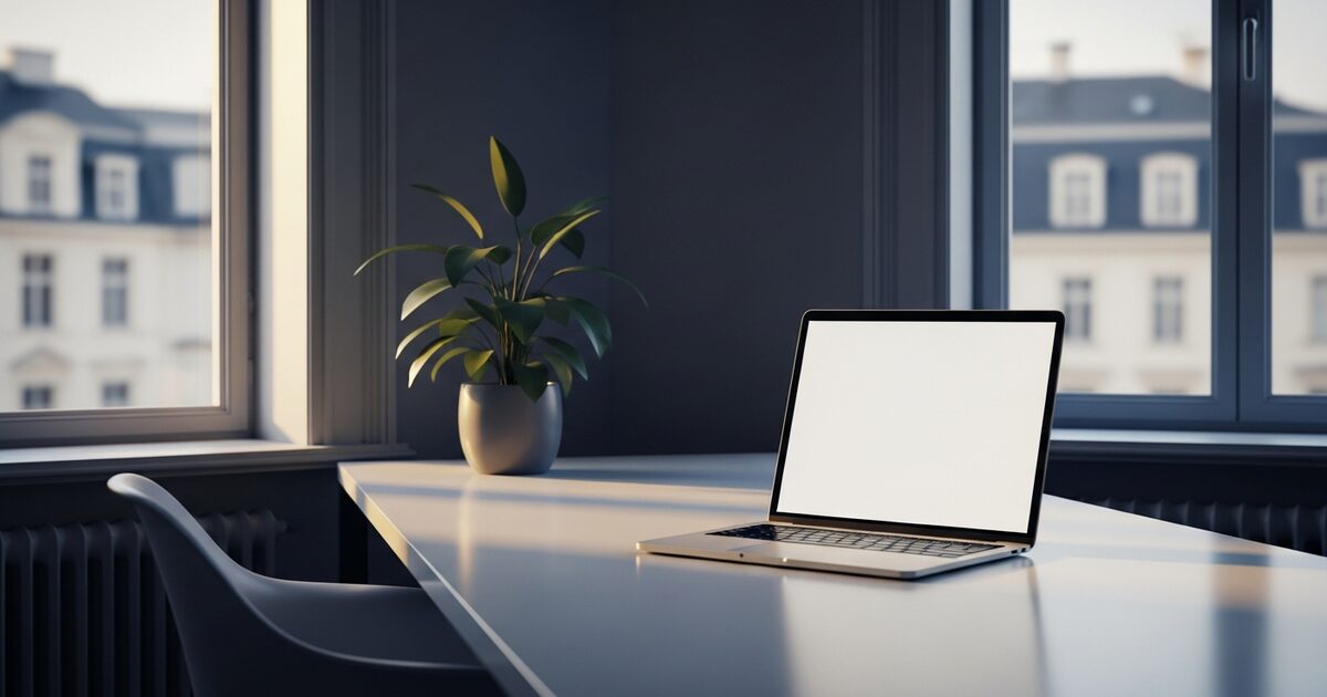 Minimalist European apartment workspace with tall windows and soft morning light on clean desk