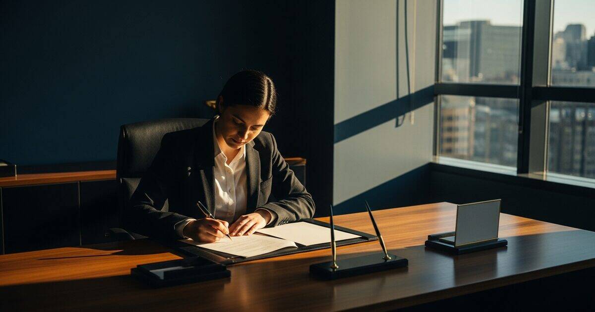 Professional signing documents at a wide walnut desk with warm sunlight