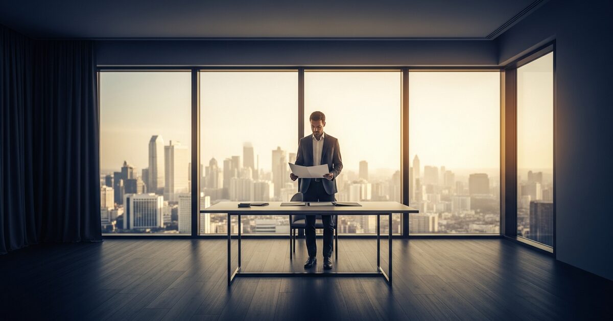 Expat entrepreneur reviewing business entity documents at a modern desk with foreign city skyline view