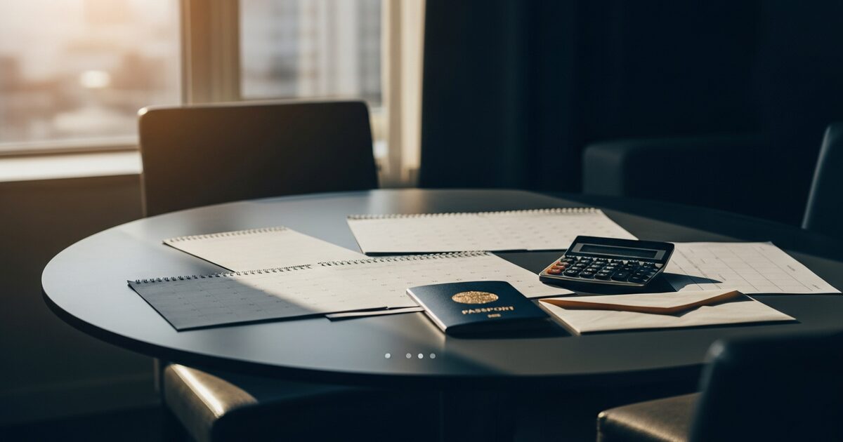 Overseas tax deadline planning table with calculator and passport