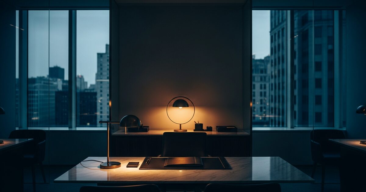 Sleek modern private banking office interior with warm desk lamp on a marble and walnut workspace