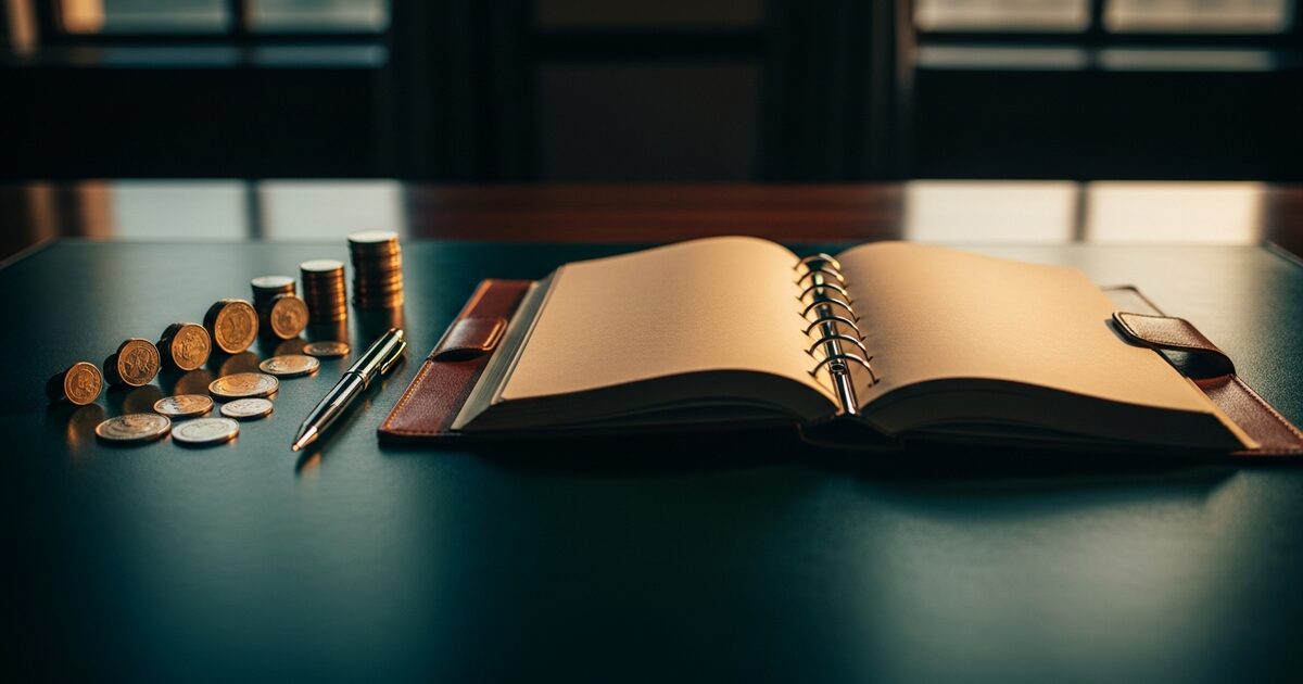 Open leather-bound ledger with international coins arranged beside a mechanical pen on a teak desk