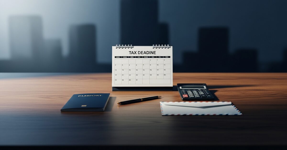 Expat tax extension planning workspace with blank calendar and calculator