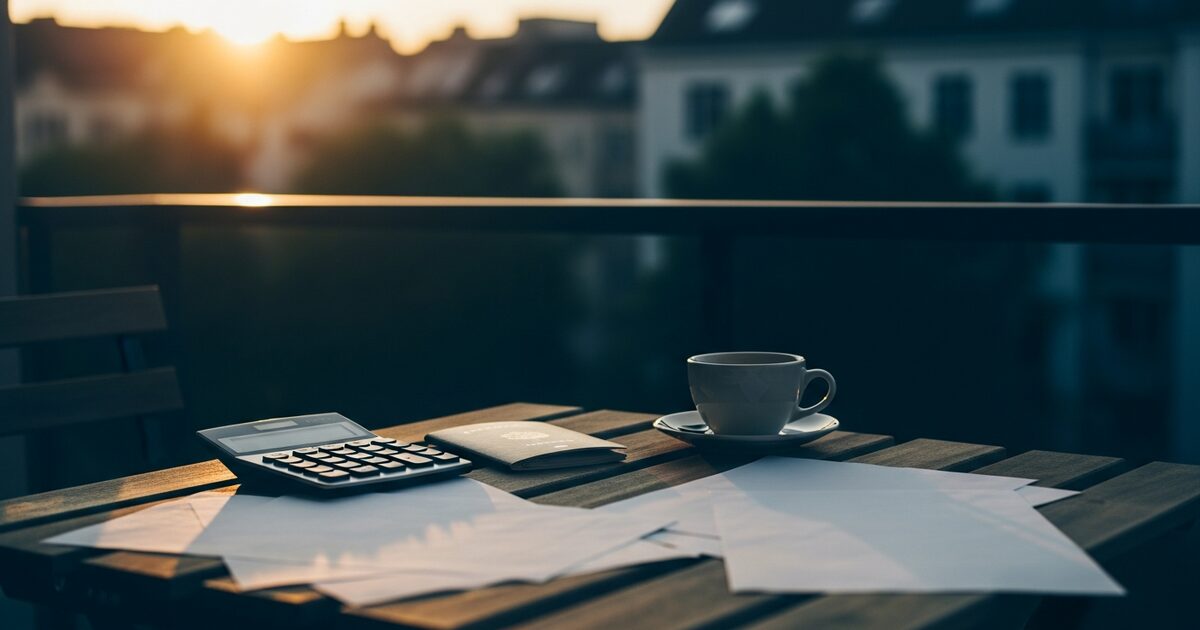 Sunlit expat investing desk with calculator and passport