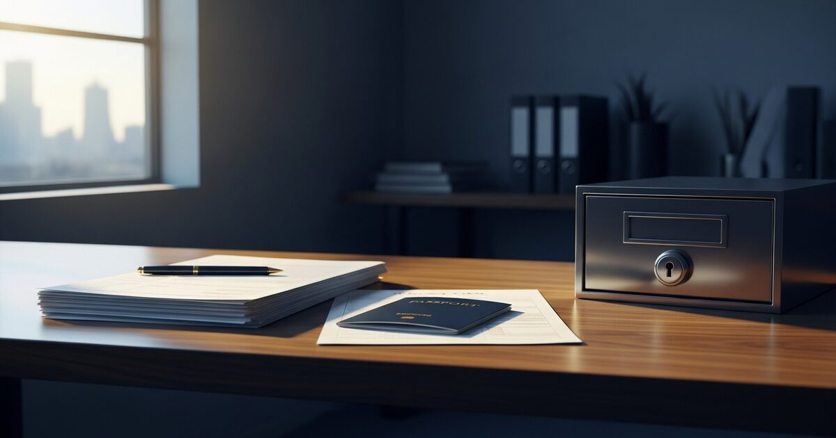 Secure expat tax workstation with blank forms and locked drawer
