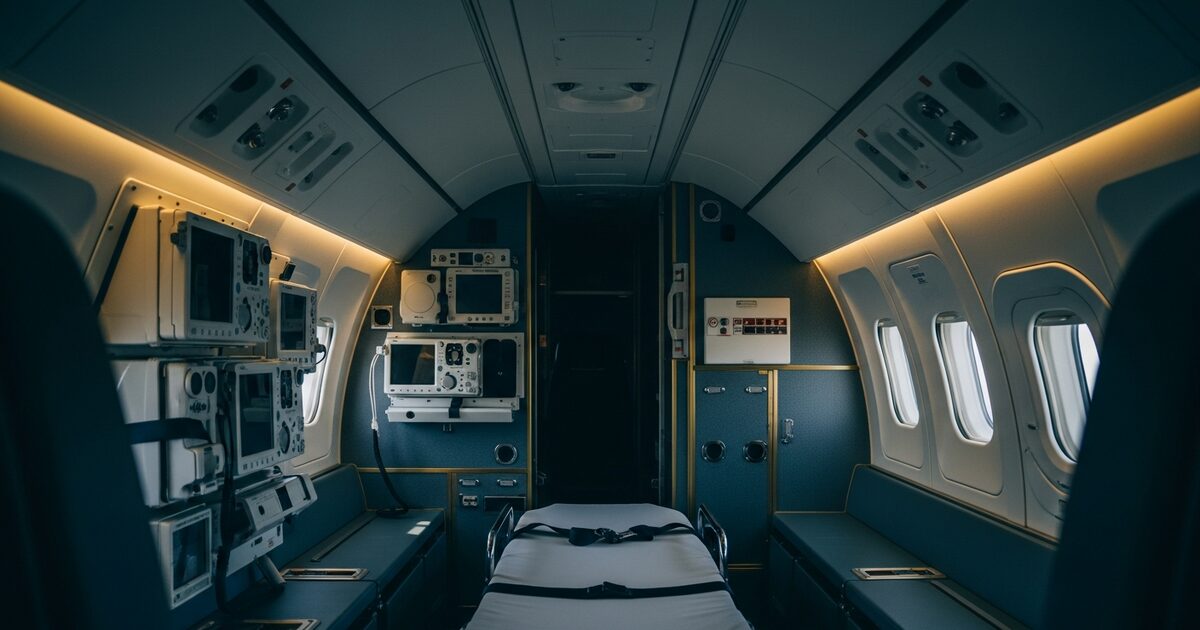 Interior of an air ambulance aircraft with medical equipment representing emergency medical evacuation for expats