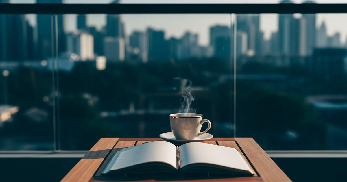 Sunlit modern apartment balcony with a coffee cup and notebook overlooking a lush city skyline