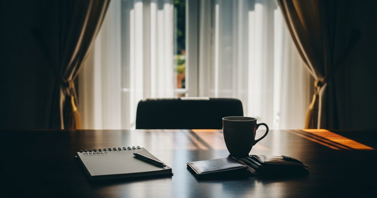 Polished wood desk with planner coffee mug and wallet in warm Mediterranean afternoon light
