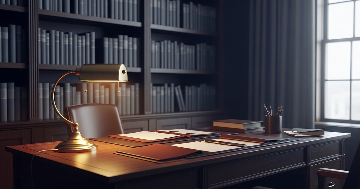 Formal estate planning office with leather folders and warm amber desk lamp on dark wood