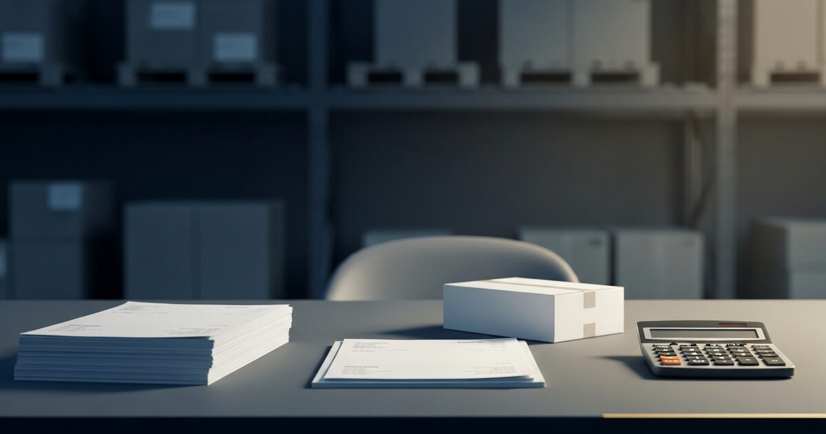 Cross-border operations desk with blank invoices and product box