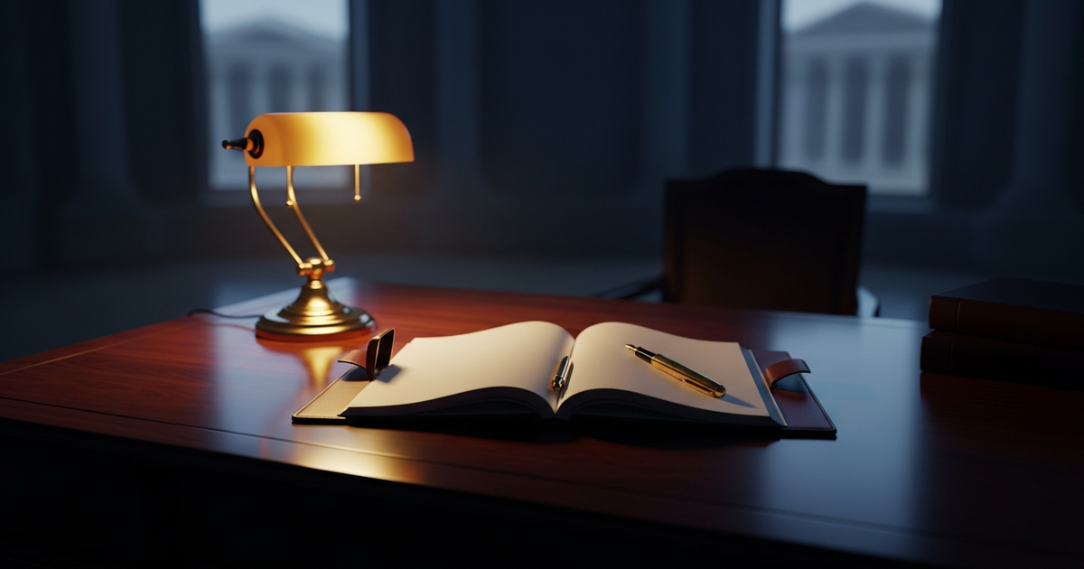 Mahogany desk with open leather ledger and fountain pen under warm amber lamplight