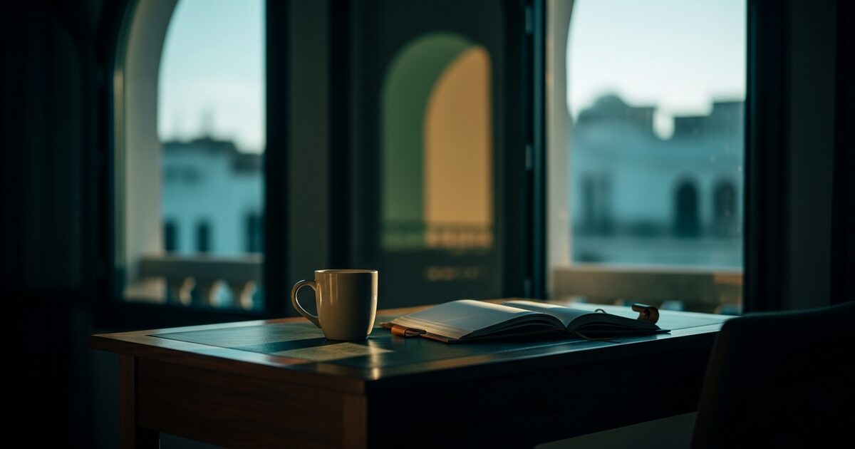 American expat at a walnut desk in a sun-lit Mediterranean apartment with leather planner and coffee