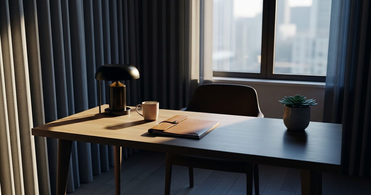 Modern home study with wood desk document folder and succulent in warm morning window light