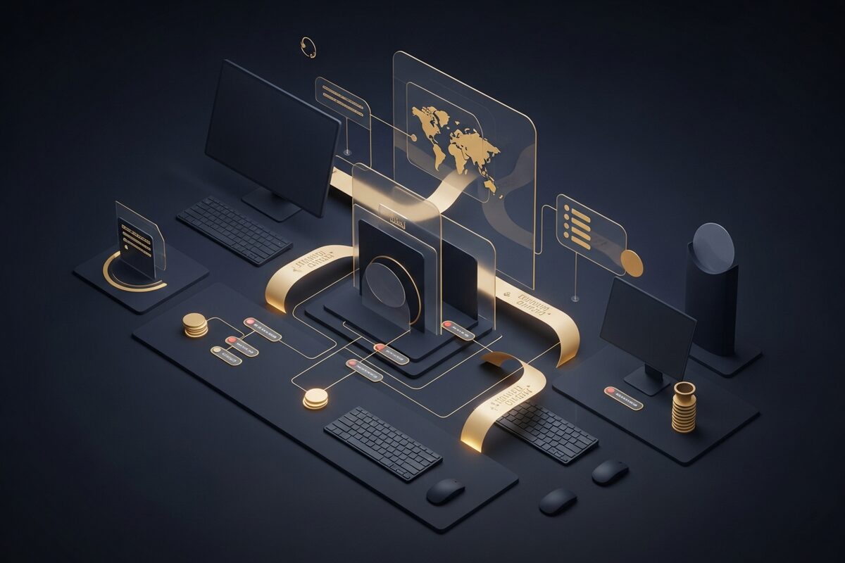 Abstract localization workflow nodes on a sleek slate surface