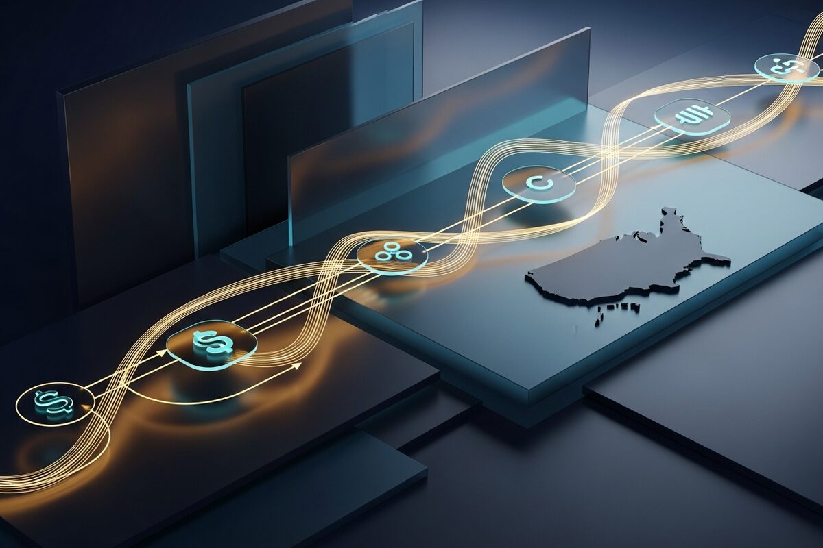 Abstract glowing data flow lines connecting marketing platform nodes on dark slate surface