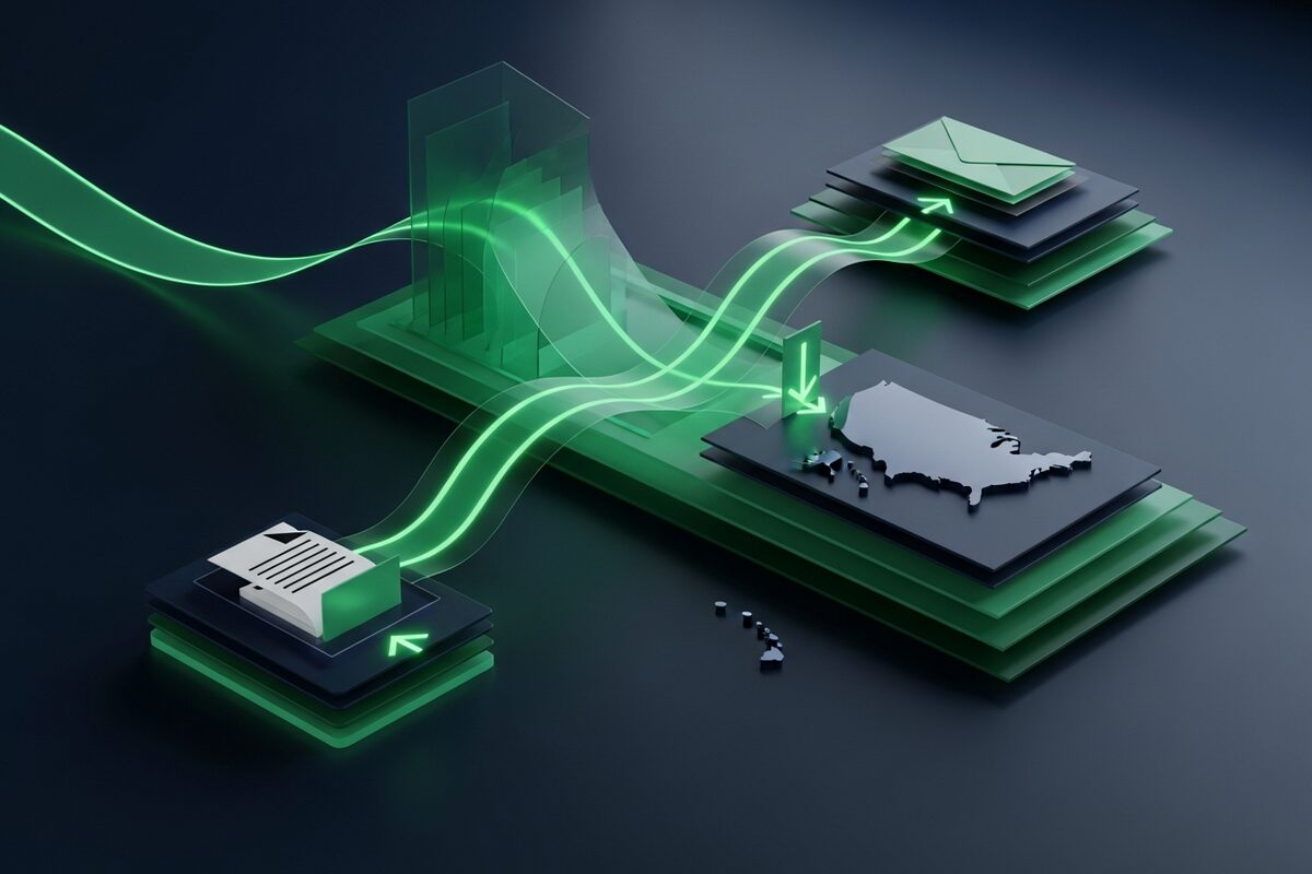 Abstract emerald green document-to-email flow diagram glowing on deep navy surface