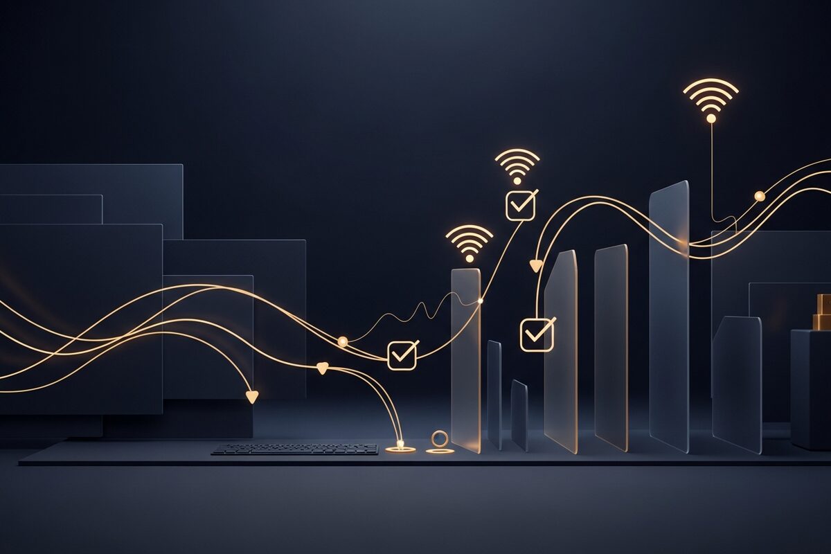 Abstract review signals flowing through approval checkpoints
