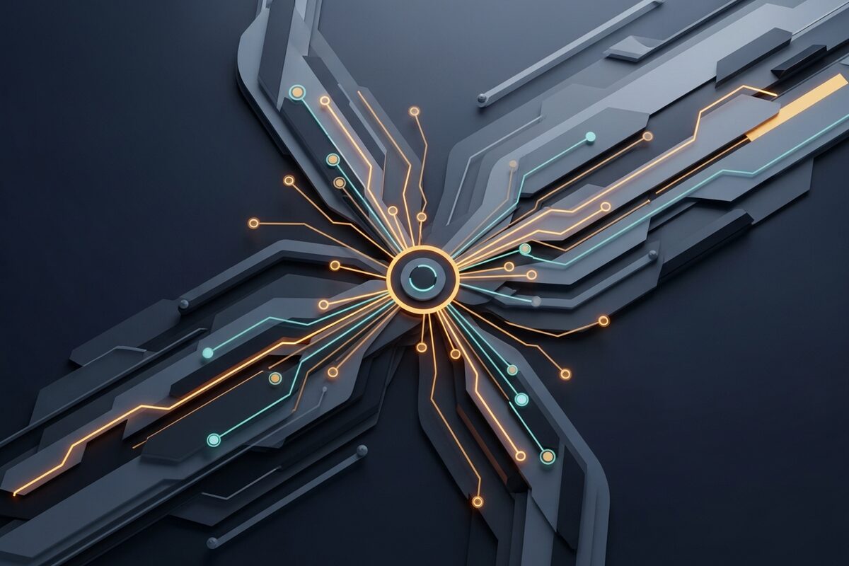 Abstract glowing network node diagram representing AI call routing and booking flow