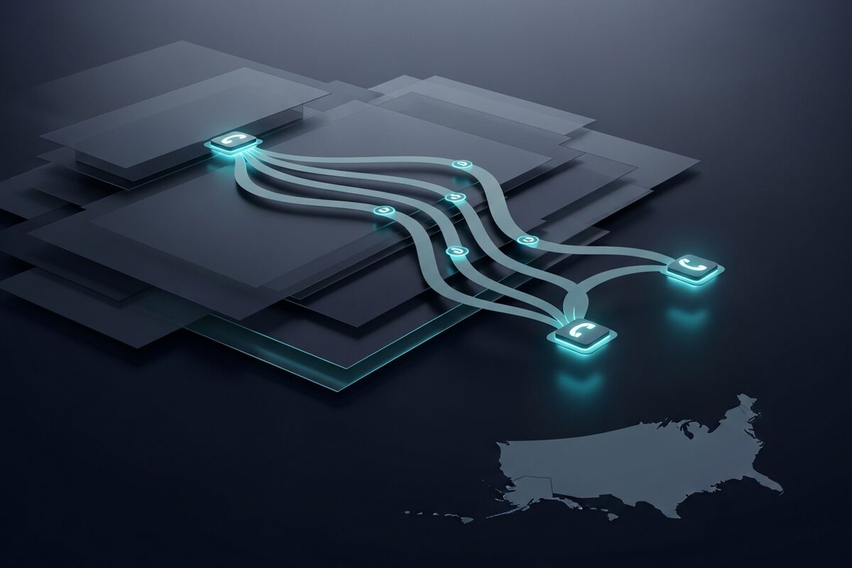 Abstract conceptual diagram of AI call routing glowing nodes connecting calls to calendar booking system