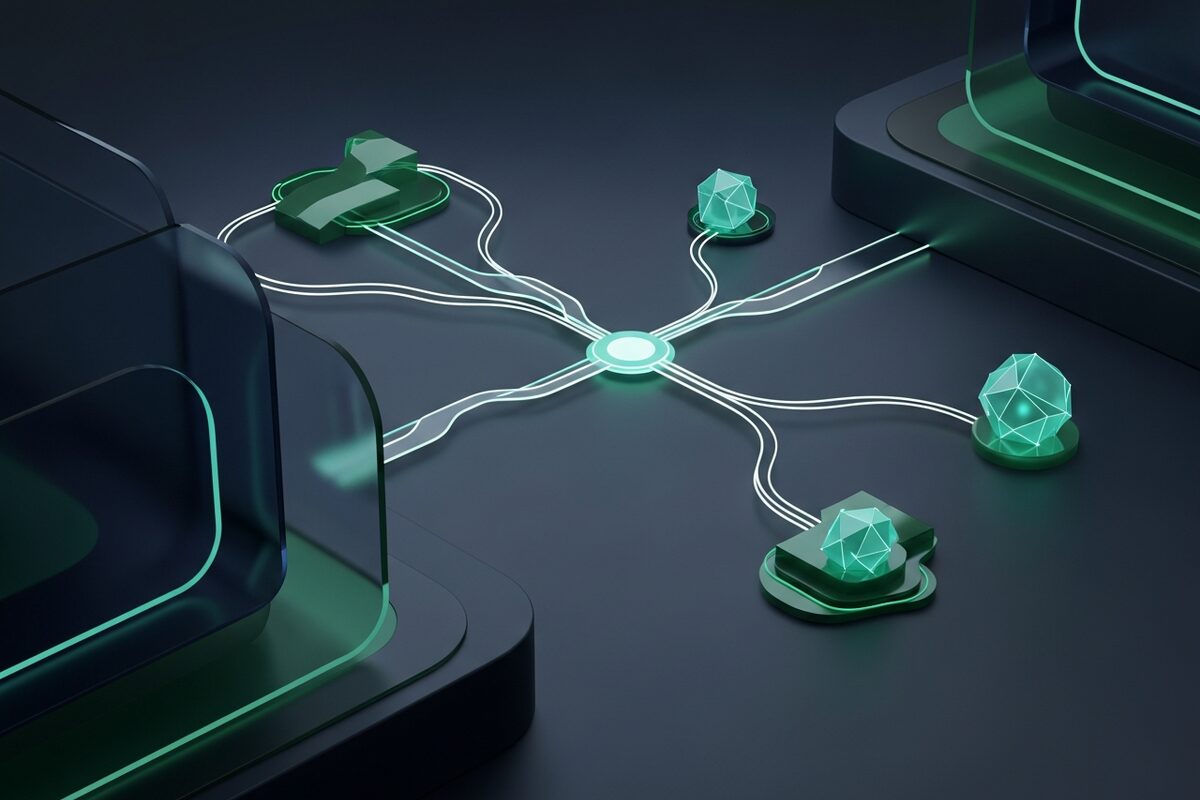 Abstract glowing node network diagram representing an automated WhatsApp conversation flow