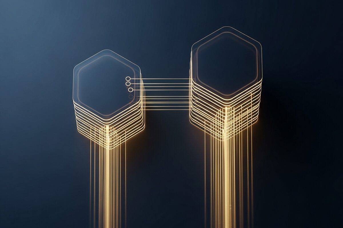 Abstract glowing hexagonal blockchain nodes with gold energy streams on dark slate surface