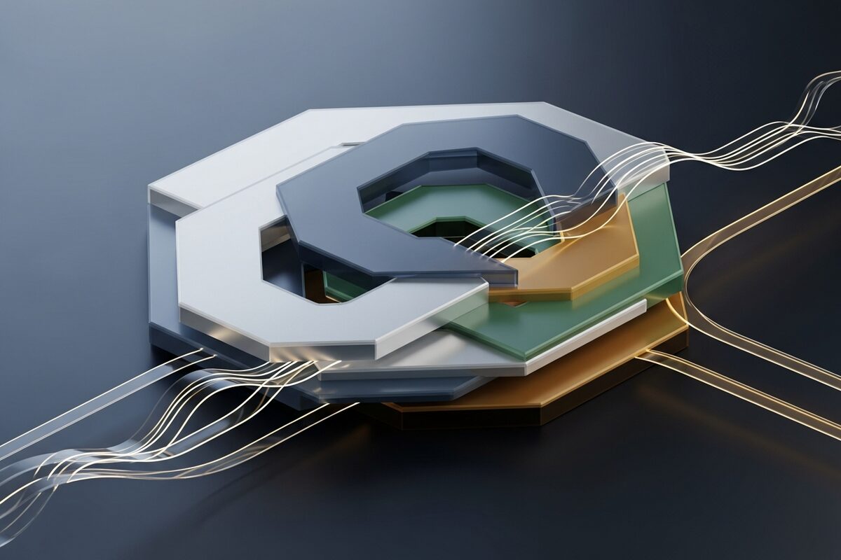Abstract overlapping translucent geometric country boundary shapes in silver and emerald tones