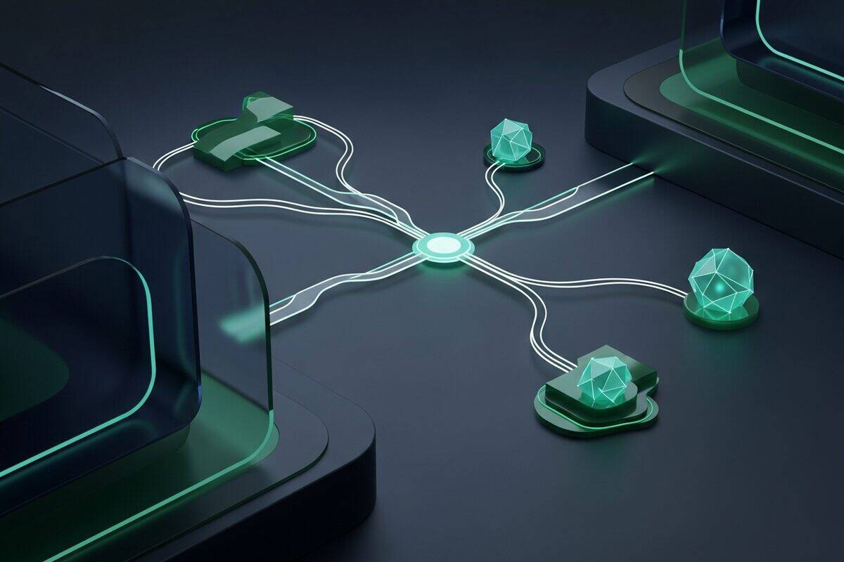 Abstract glowing interconnected network nodes on dark slate surface