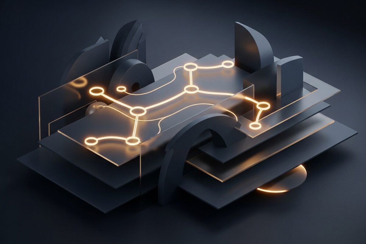 Abstract glowing gold compliance pathway nodes on dark charcoal slate representing layered reporting rules