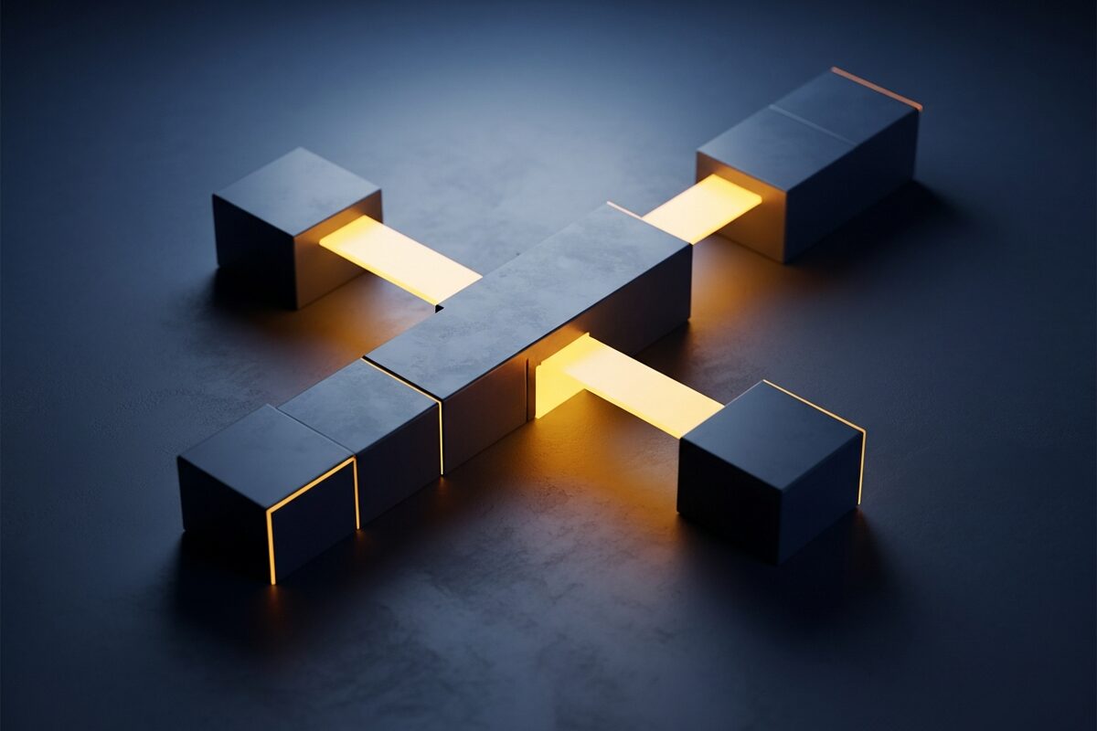 Abstract consent and review workflow gates connected by glowing paths
