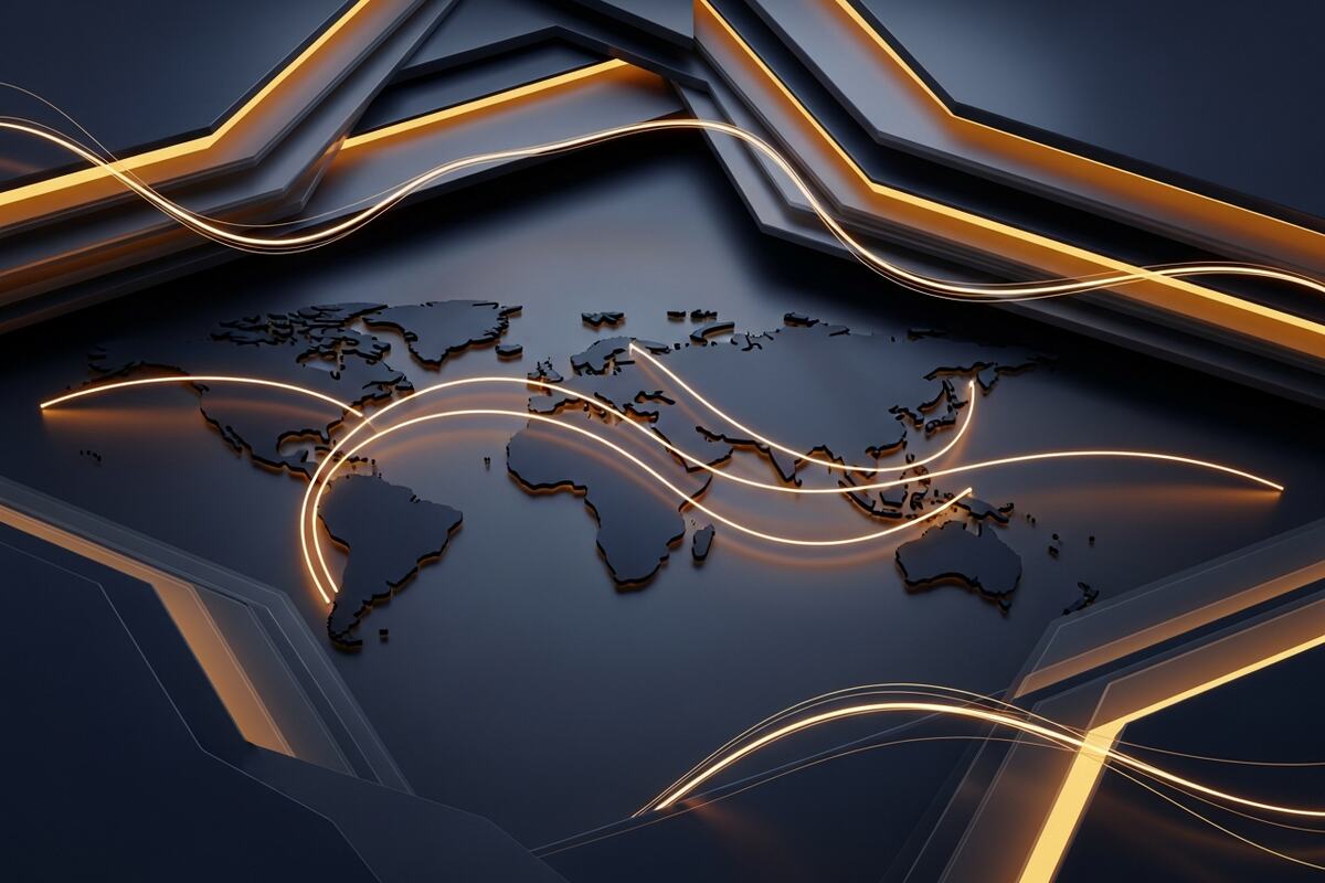 Abstract global map with glowing transport routes representing worldwide medical evacuation coverage networks