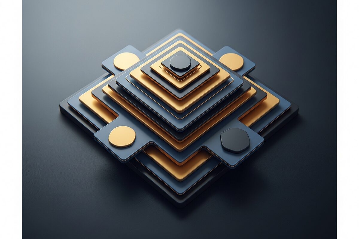 Abstract layered geometric tiles in gold and slate tones representing stacked investment portfolio tiers