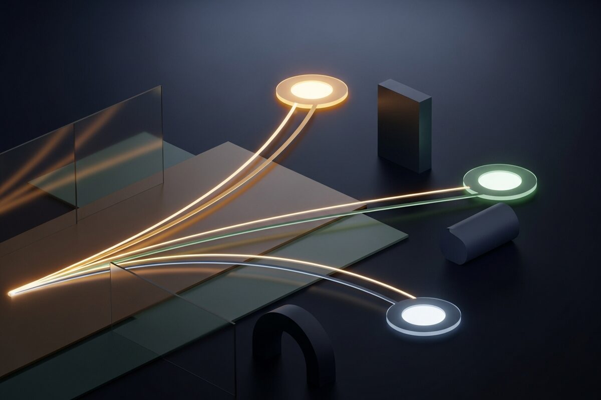 Three glowing curved financial pathways branching from single origin on dark gradient surface