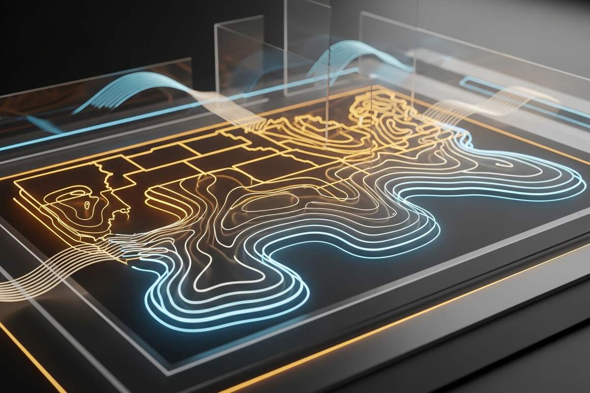 Abstract glowing state boundary contour outlines on dark charcoal surface with amber blue lighting