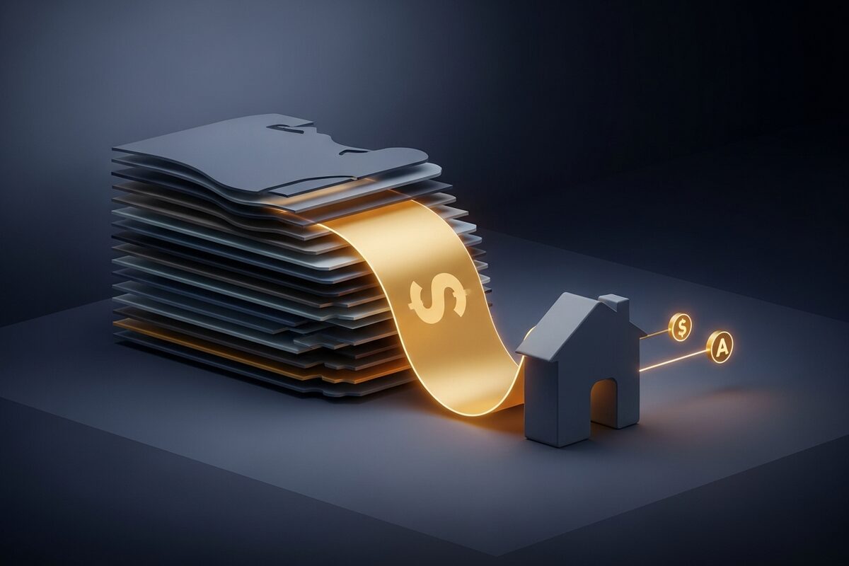 Abstract mortgage document flow ending in a home approval