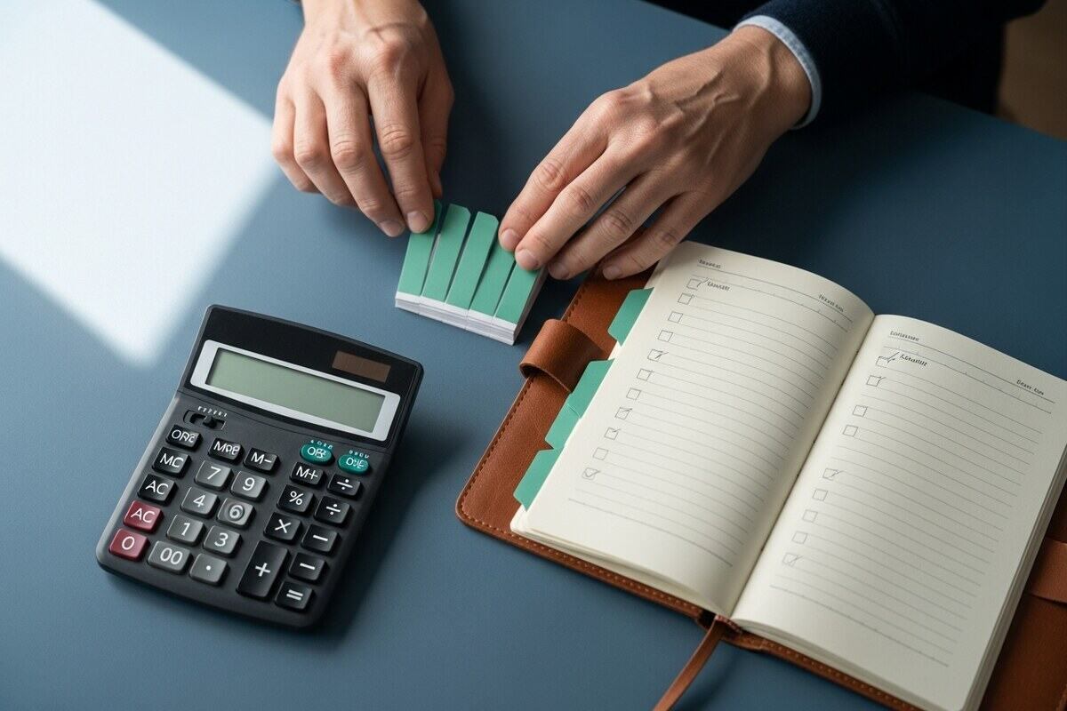Hands organizing proposal tabs for a janitorial bid package