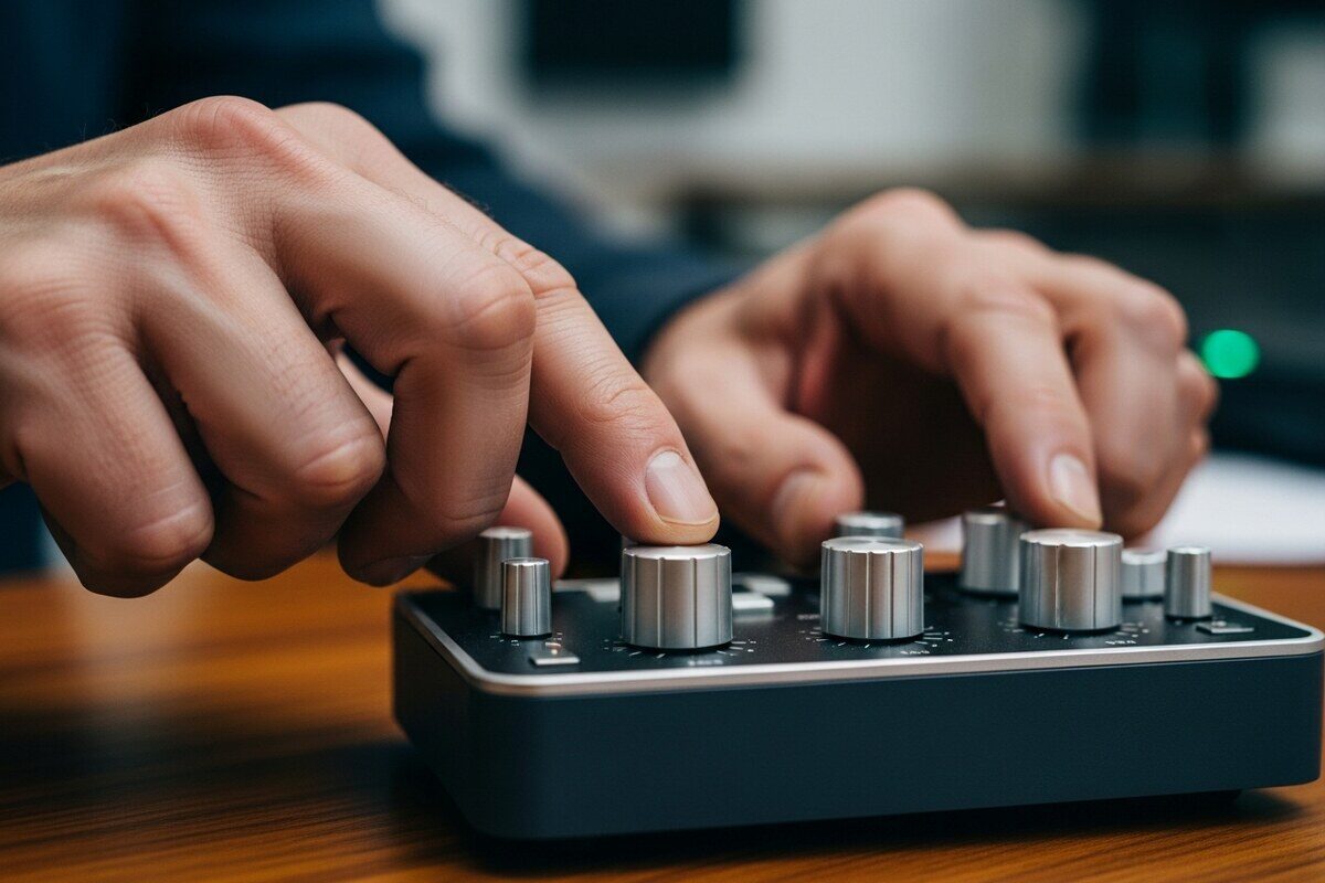 Hands adjusting audio interface dials on wooden desktop during podcast recording session