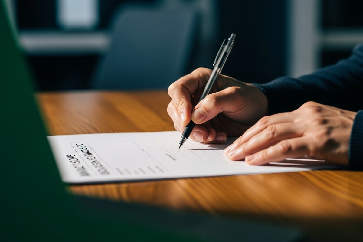 Hands annotating printed analytics performance report with pen on wooden desk warm light