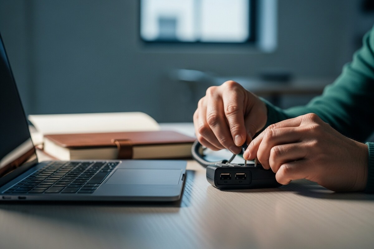 Hands wiring a phone workflow for clinic automation