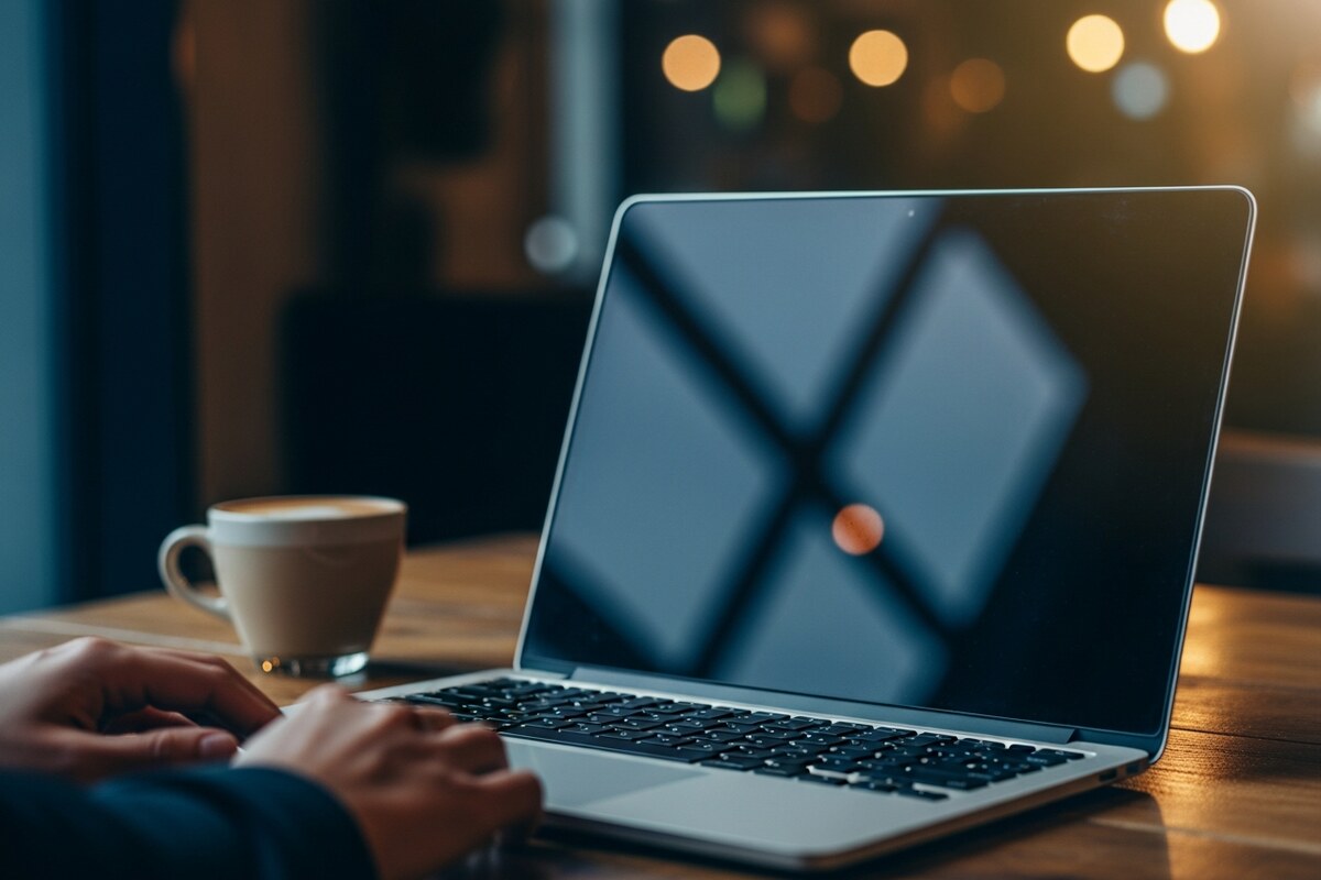 Open laptop on wooden cafe table with latte nearby and warm bokeh interior lights in background