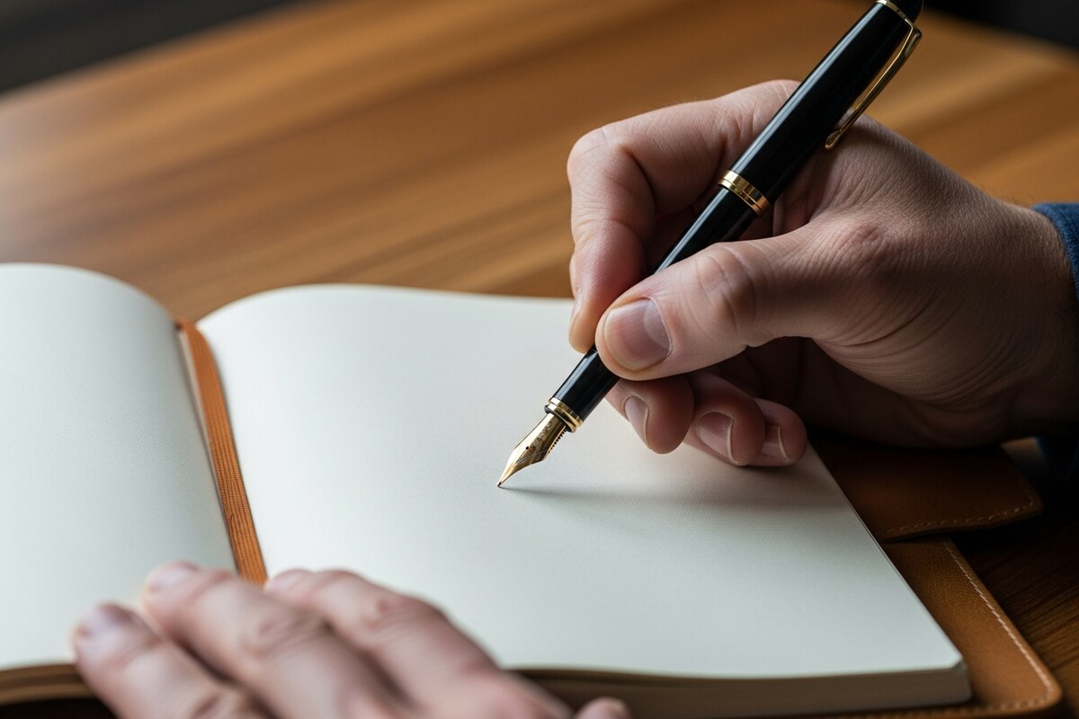 Close-up of a hand annotating a grant research report in a leather-bound journal on a wooden desk