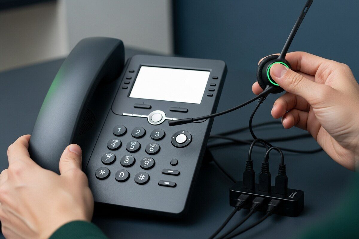 Hands setting up phone equipment for receptionist workflow