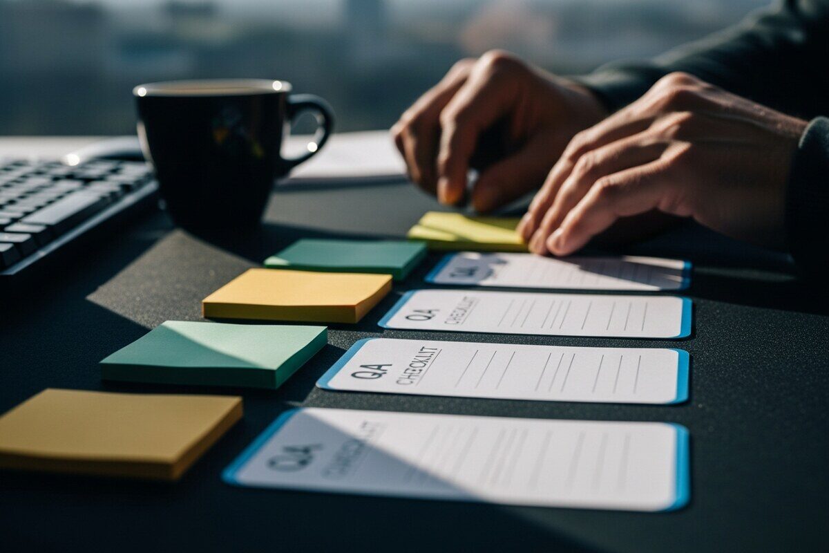 Hands organizing localization QA cards beside a keyboard