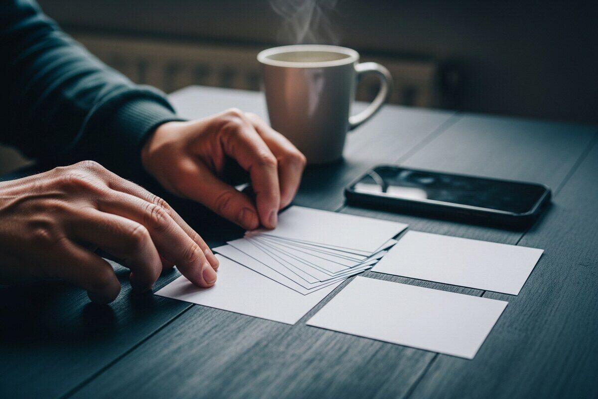 Hands sorting customer feedback cards before drafting replies