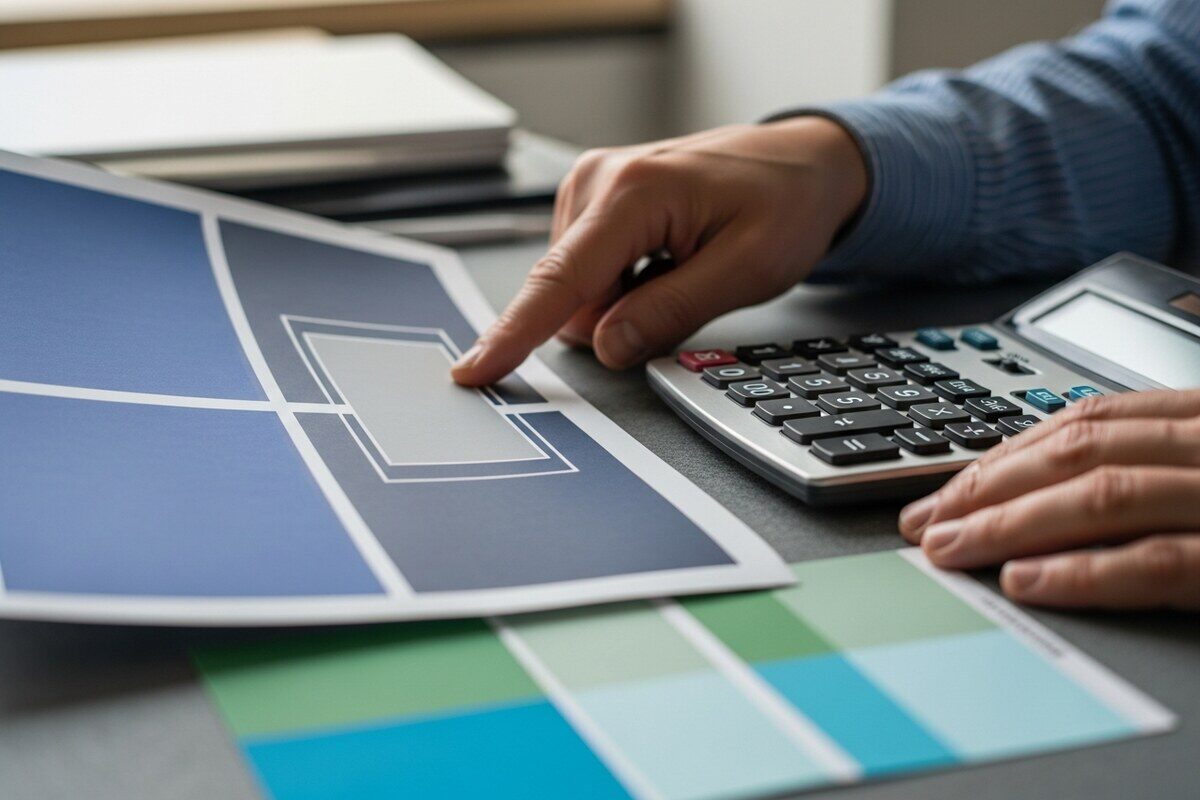 Hands reviewing blank translated packaging proofs and costs
