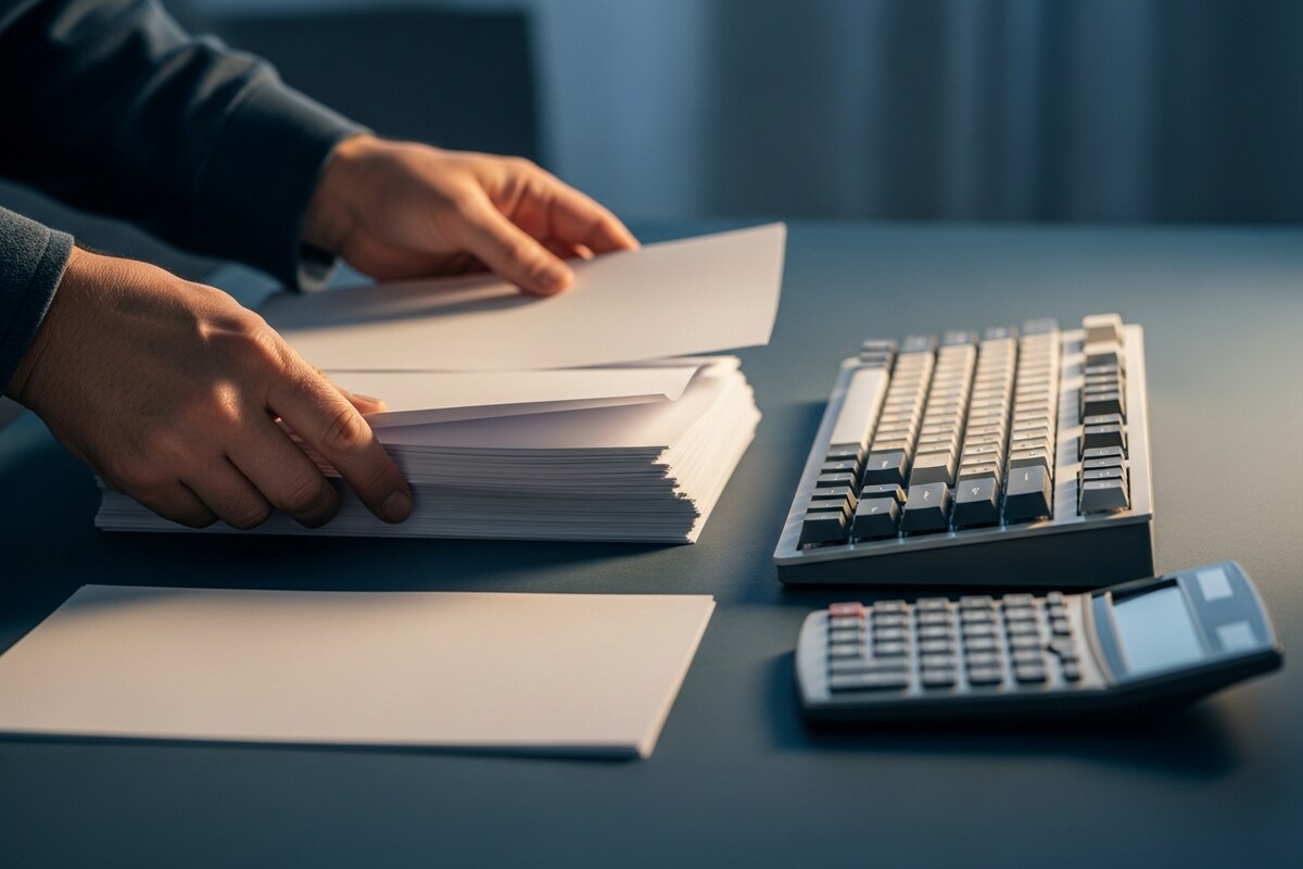 Hands organizing translation batches beside calculator and keyboard